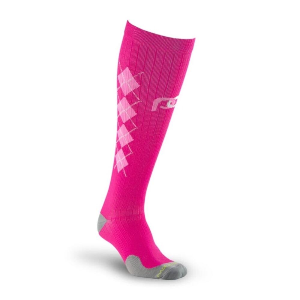 PRO Compression Marathon Socks L/XL Pink White Argyle Knee High Athletic Unisex
